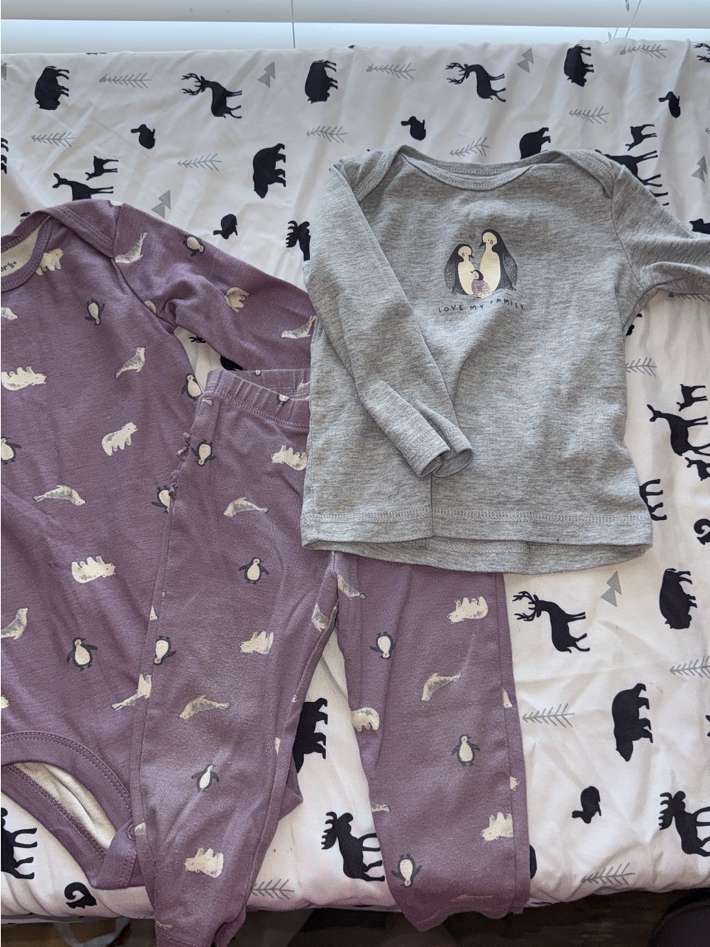 Purple Penguin Print Baby Pajama Set with Grey Penguin Top